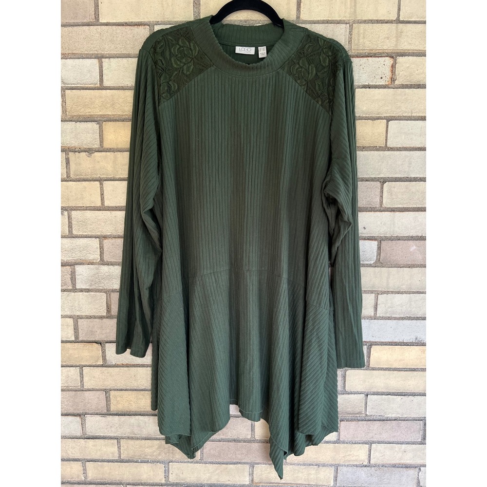 LOGO Lori Goldstein Green Ribbed Lace Shoulder Sharkbite Tunic Sweater Size 3X